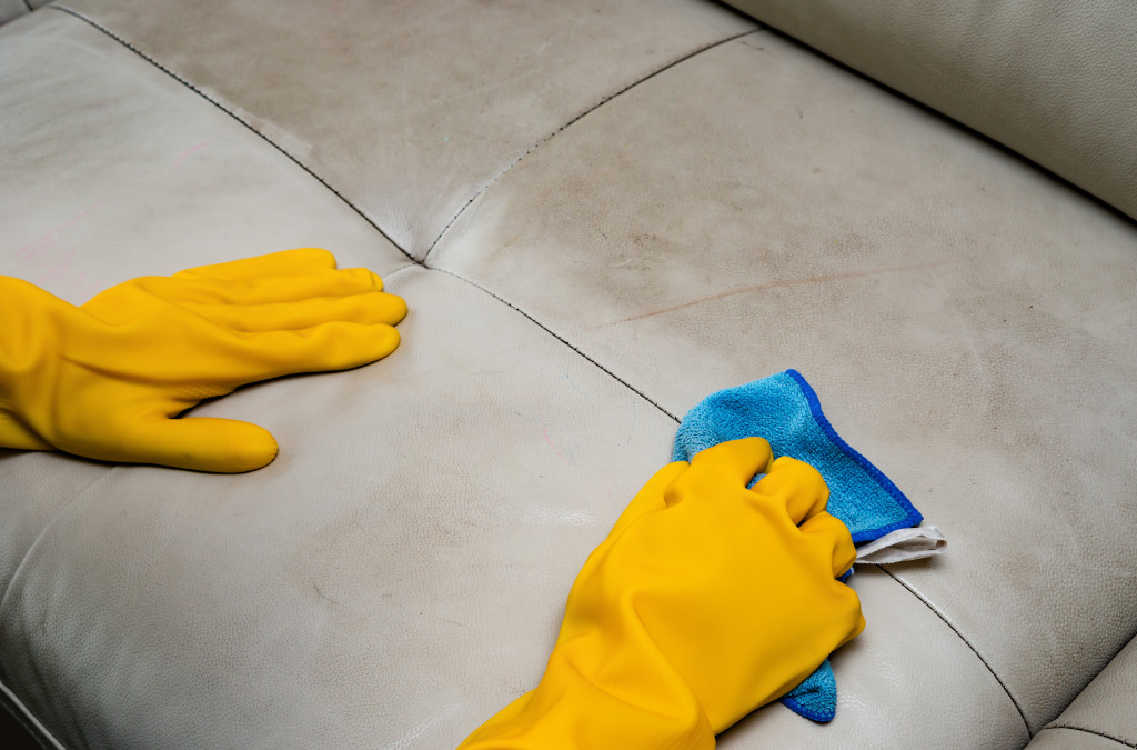 person cleaning couch